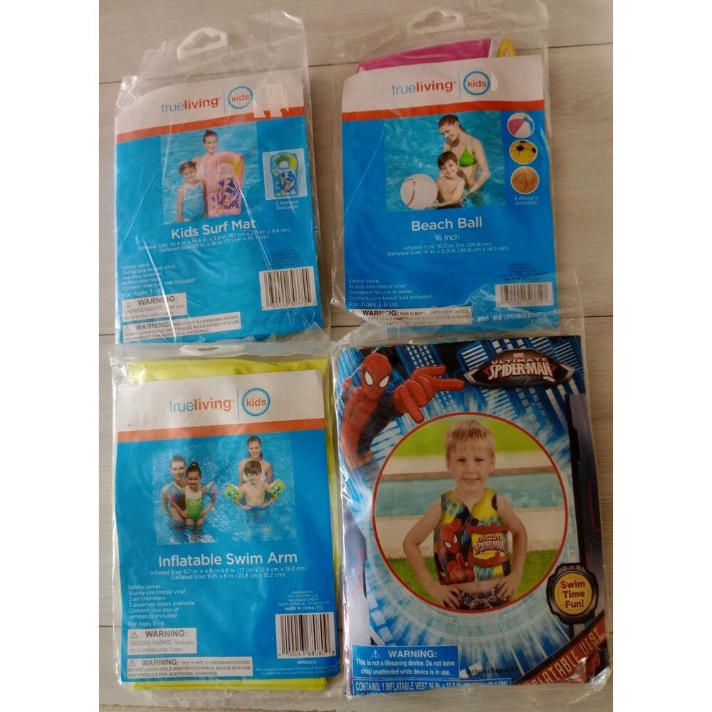 Lot of 4 Beach Or Lake Inflatables For Kids Spider-Man Vest, Ball, Surf Mat, Arm